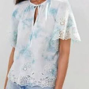 Anthropologie Embroidered Flutter Sleeve Boho Blouse Blue White Resort Top L